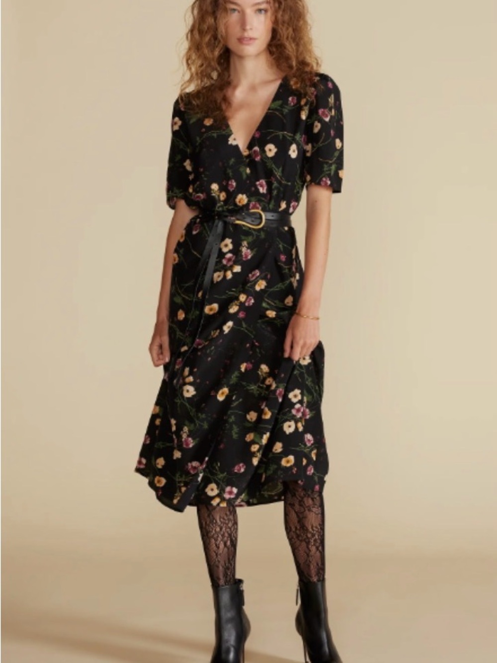 Amour Vert Floral Silk Wrap Midi Dress in Black